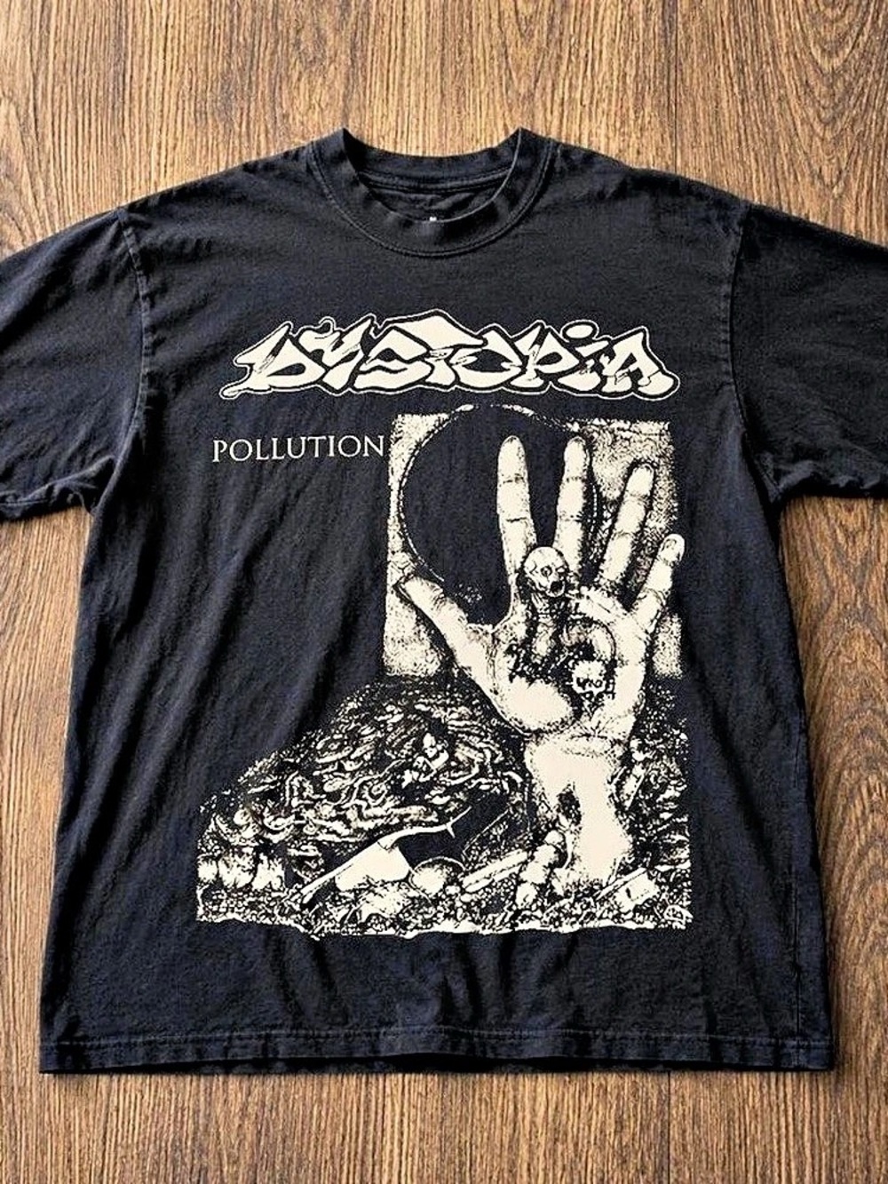 Dystopia Pollution T-Shirt Pollution Graphic Short Sleeve Tee in Black